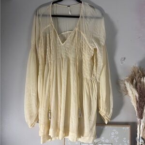Free People Ivory Gauzy Smocked V-Neck Long Sleeve